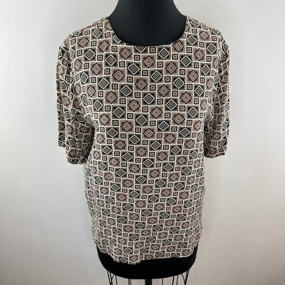 VTG Quo-Silk Brown Brown Diamond Geometric Short Sleeve Blouse Top Vintage M - Picture 2 of 7